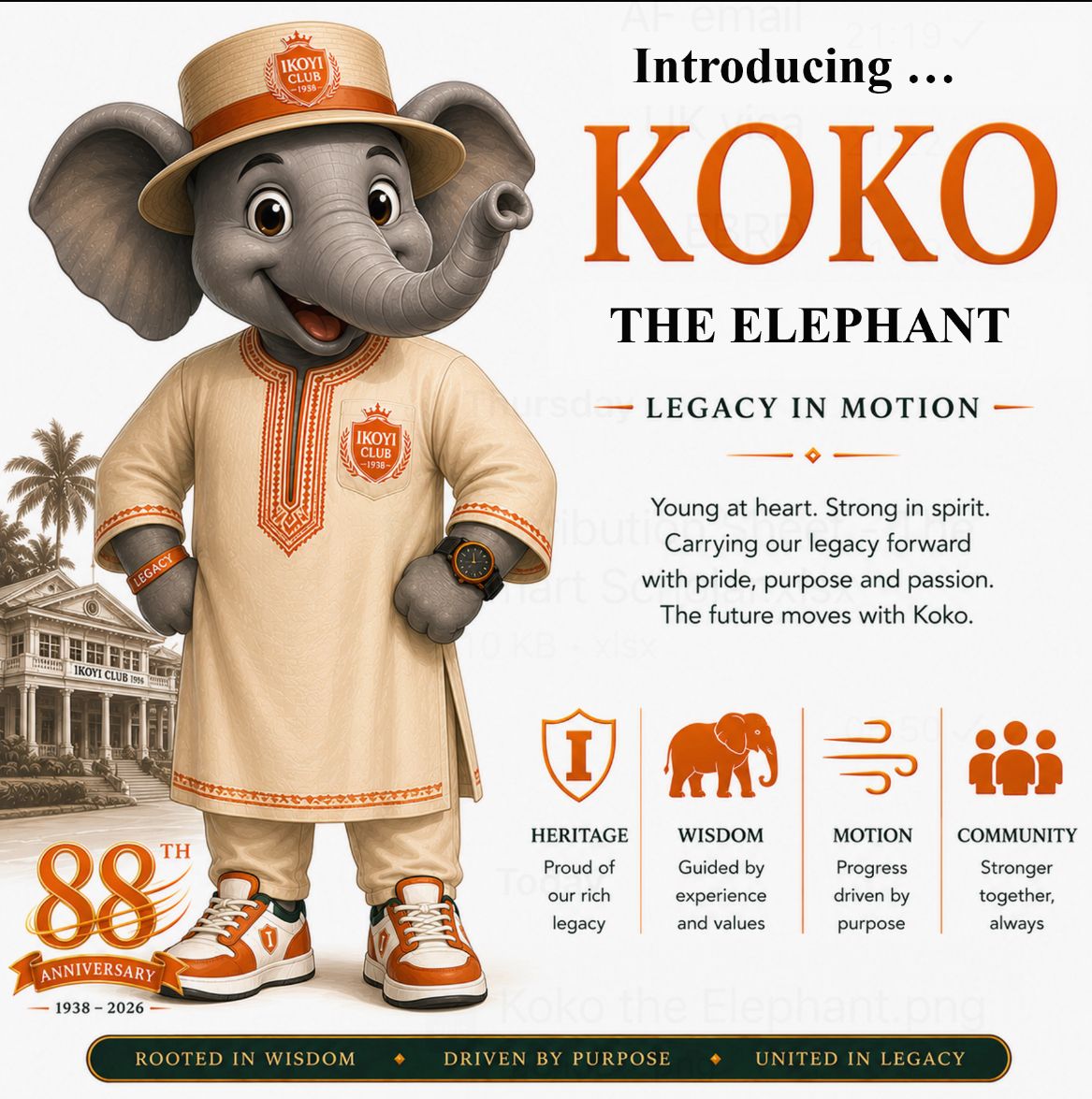Koko the Elephant, official mascot of Ikoyi Club 1938's 88th anniversary, wearing a beige agbada and boater hat